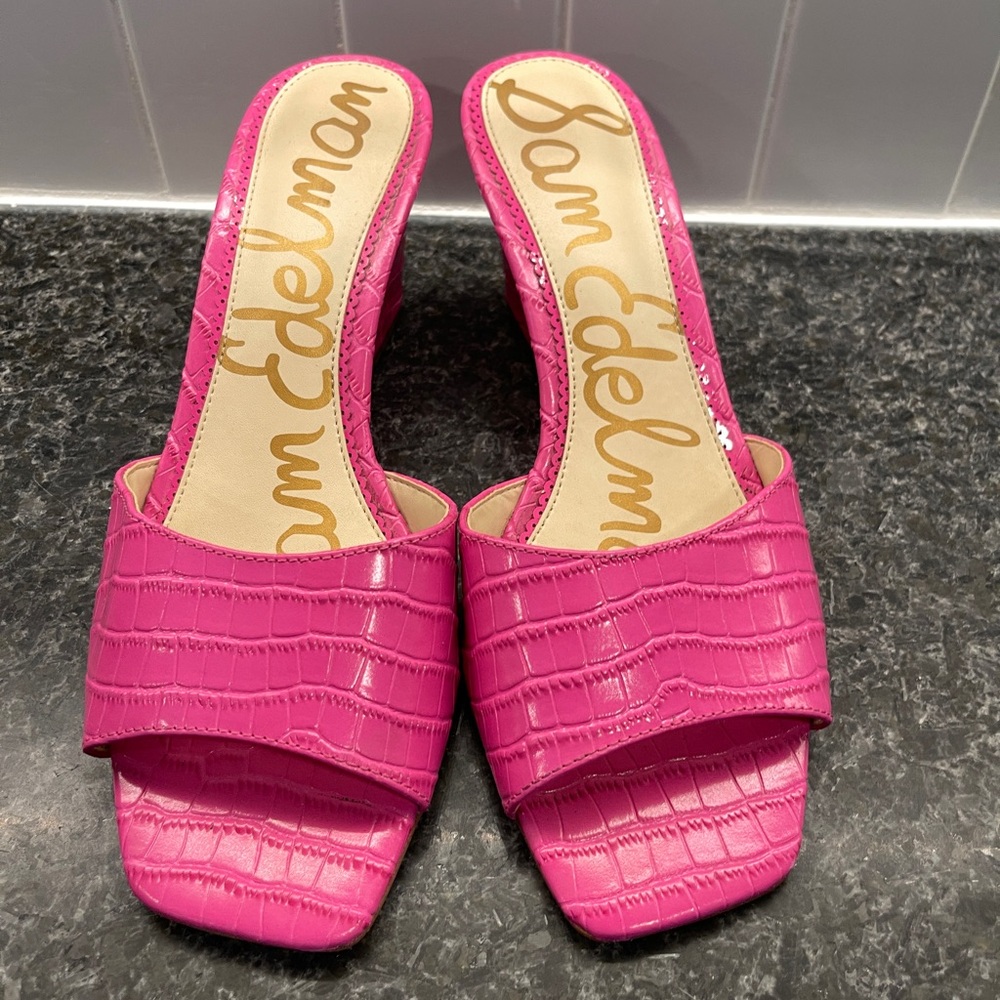 Sam Edelman Tesma Wedge Mule Sandals - Magenta Crocodile Leather - Size 9 EUC - Picture 4 of 7